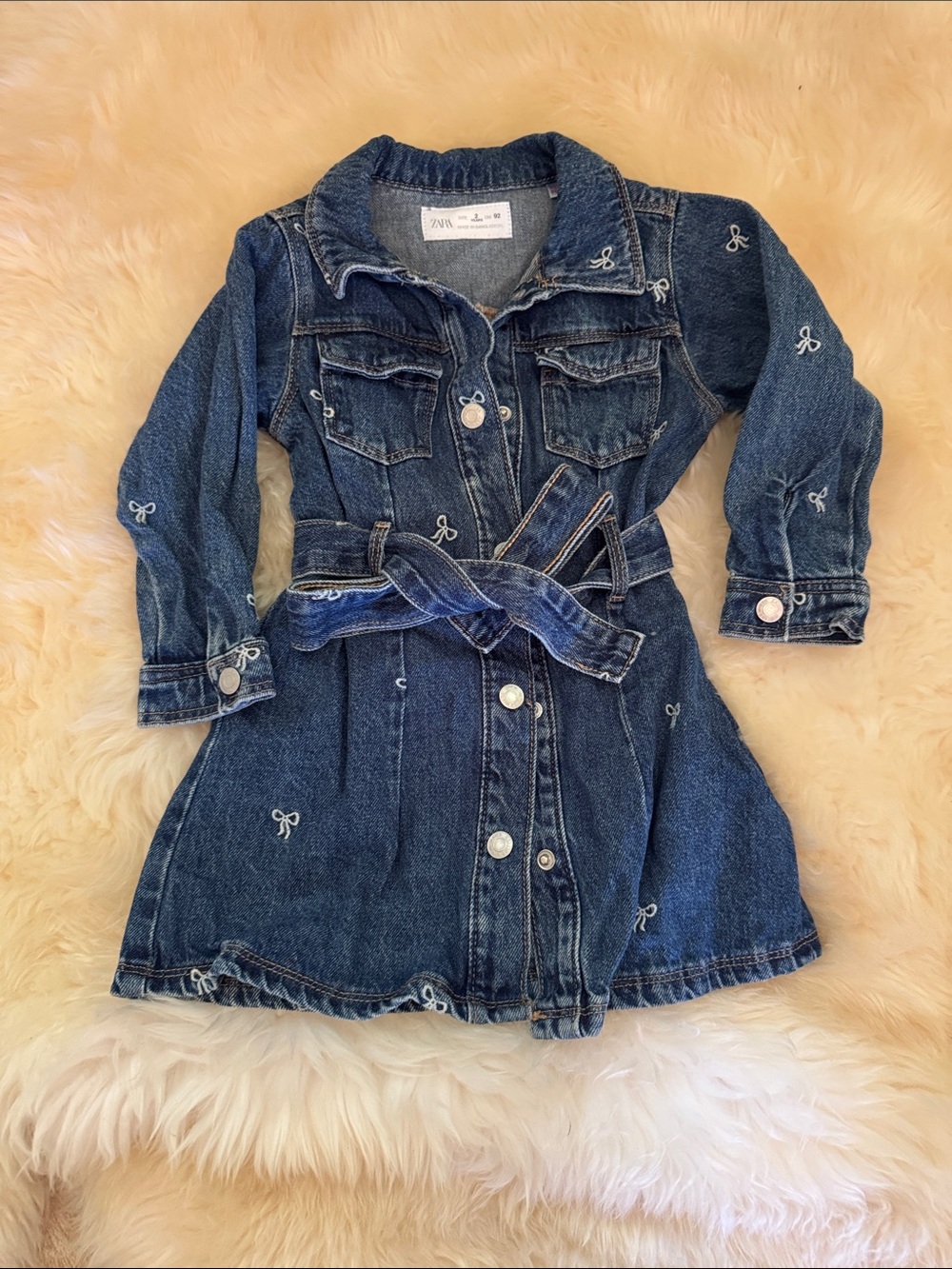 Zara Navy Denim Belted Jacket Dress with Embroidered Bows